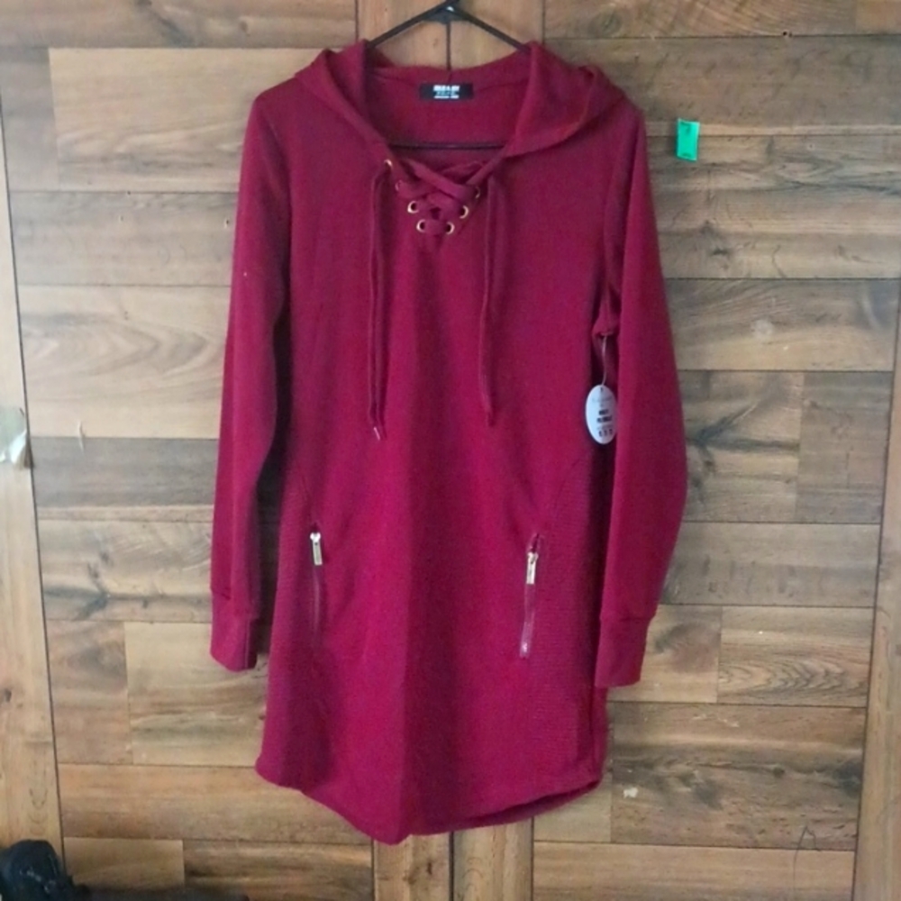 Red Lace-Up Hoodie Dress